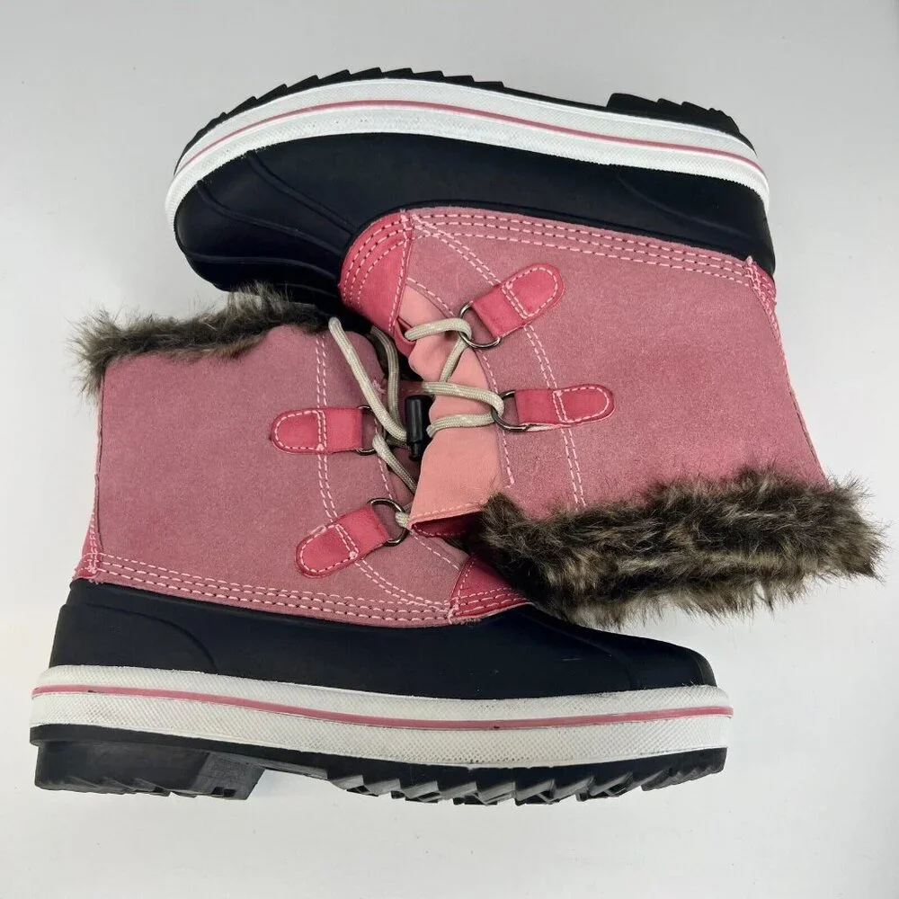Cat & Jack Unisex Pink Thermolite Youth Leather Lace Up Size 2 Snow Boots
